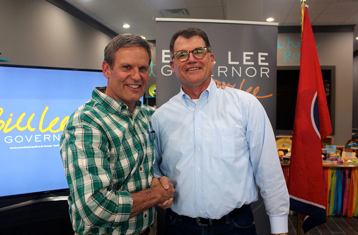 Rep. Jay Reedy, right, with Gov. Bill Lee in July 2018.
