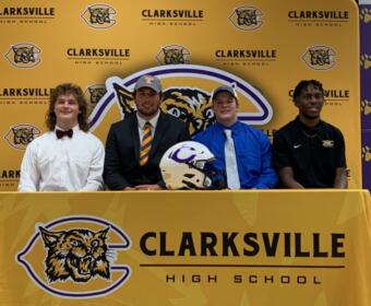 CHS football players Kyelar Edwards, Nick Edwards, Kyler Smith and Nekoda Clark all signed letters of intent on Monday. (Contributed)