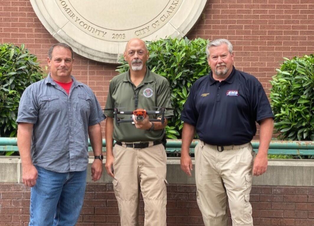 Chuck Phillips, Rodney Grimsley and Jimmie Edwards with the EMA's newest drone package. (Contributed)