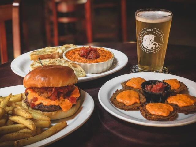 Blackhorse Pub &amp; Brewery's Cletus burger, fried green tomatoes and pimento cheese dip. (Blackhorse, contributed)