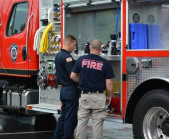 Montgomery County volunteer personnel and fire truck at the grand opening of the Sheriff Billy R. Smith Montgomery County Public Safety Training Complex on, July 26, 2022. (Lee Erwin)