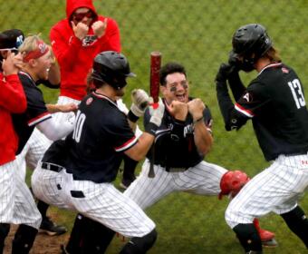 Austin Peay State University baseball players during the game against Florida Gulf Coast on April 30, 2023, at Joe Maynard Field in Raymond C. Hand Park. (Robert Smith, APSU Athletics)