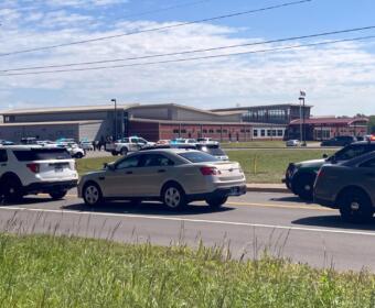 Law enforcement and emergency vehicles surrond Rossview Elementary School after a student reported seeing a gun inside on May 2, 2023. (Jordan Renfro)