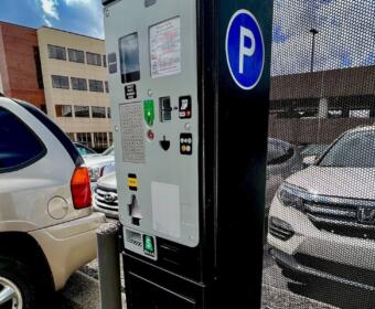 A parking pay kiosk in downtown Clarksville.