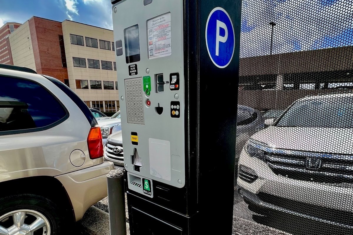 A parking pay kiosk in downtown Clarksville.