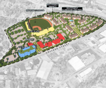Plans for a baseball stadium, housing, retail and a hotel on the old Vulcan property on College Street submitted to the Regional Planning Commission in July 2023. (CSDG Planning)