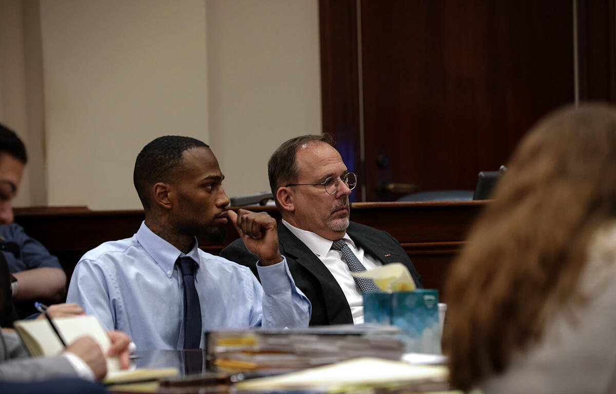 Adriam Hodge, left, and District Public Defender Roger Nell in court during the trial for the murder of U.S. Army Sgt. Kendrick Grayer on Sept. 21, 2023. (Jordan Renfro)