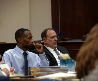 Adriam Hodge, left, and District Public Defender Roger Nell in court during the trial for the murder of U.S. Army Sgt. Kendrick Grayer on Sept. 21, 2023. (Jordan Renfro)