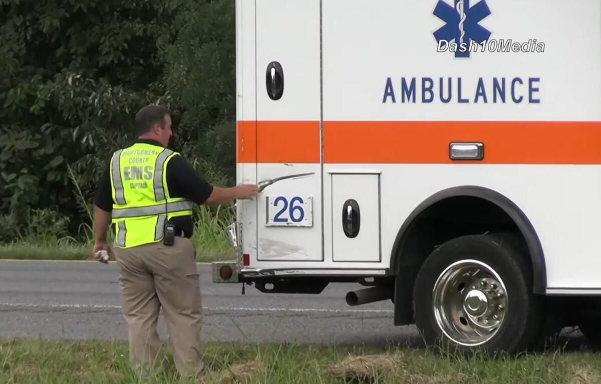 A stolen ambulance crashed during a pursuit onto Interstate 24 in Clarksville on Sept. 1, 2023. (Dash 10 Media)