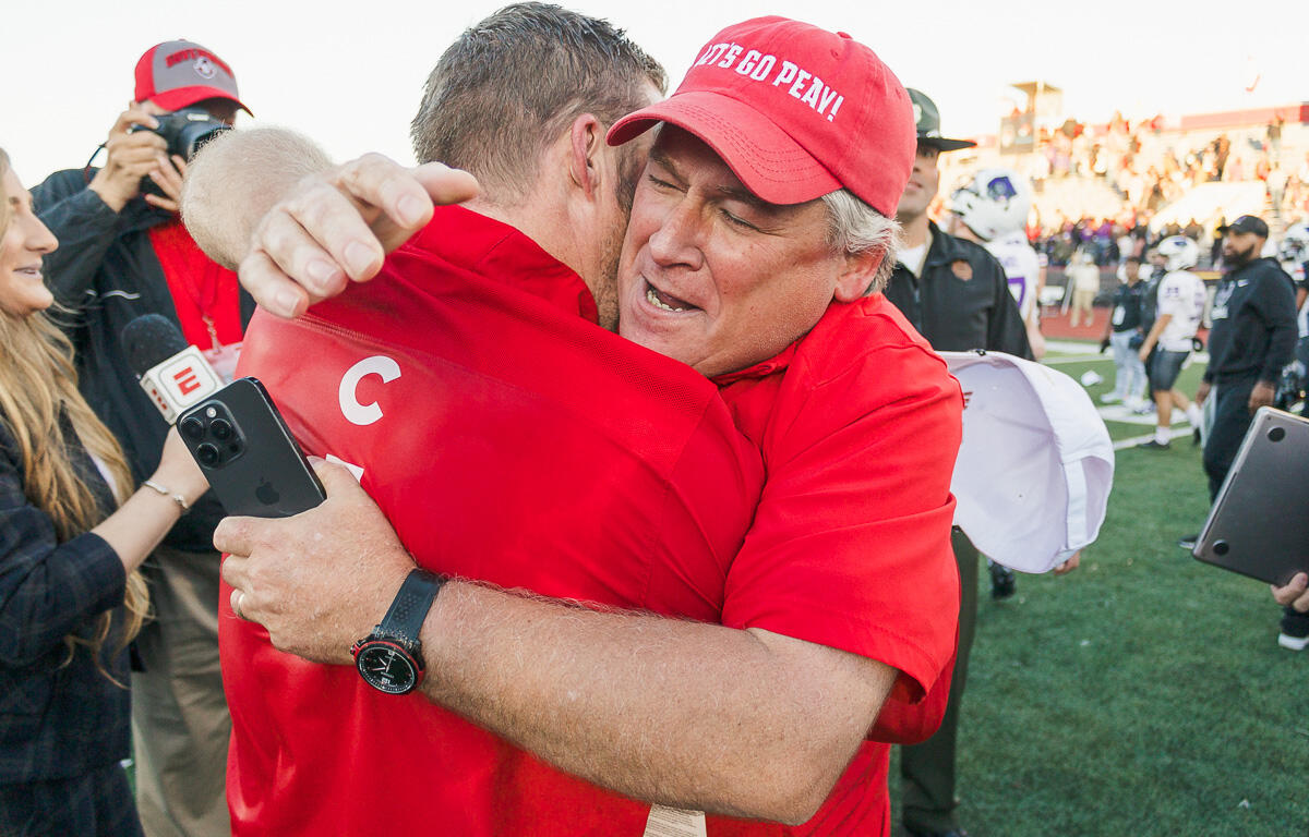 Coach Scotty Walden and APSU President Michael Licari at APSU vs. Central Arkansas at Fortera Stadium on Nov 18, 2023. (Wesley Irvin)