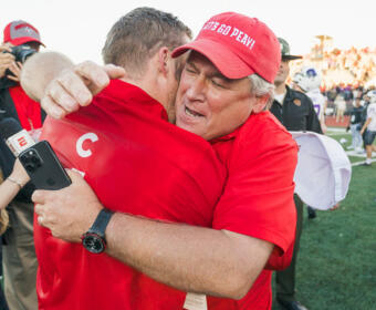 Coach Scotty Walden and APSU President Michael Licari at APSU vs. Central Arkansas at Fortera Stadium on Nov 18, 2023. (Wesley Irvin)