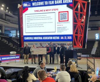 The APSU Summer Internship Program Pilot is announced, along with a $50,000 grant from the American Job Center, at the Clarksville Industrial Association meeting on Jan. 23, 2025. (Chris Smith)