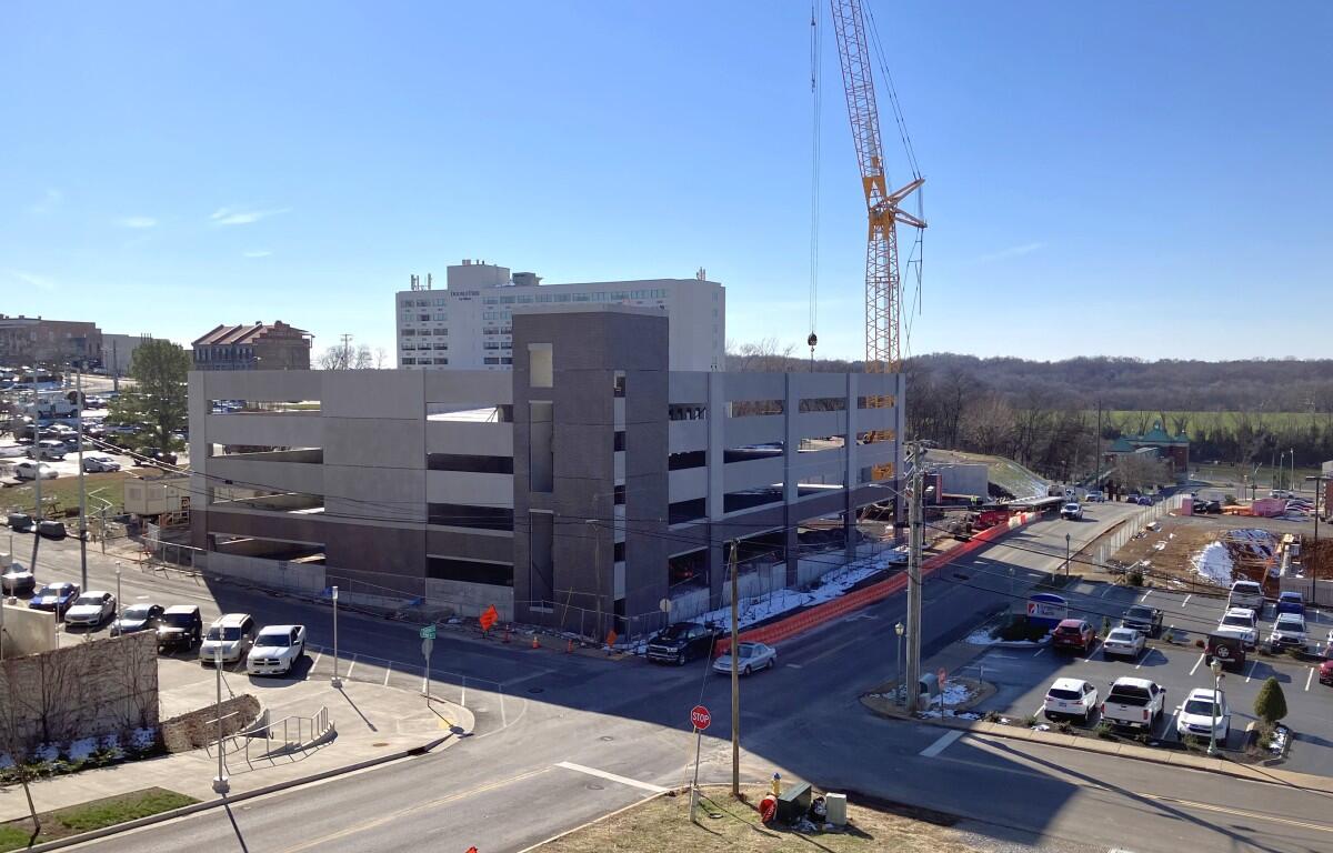 The parking garage under construction at F&M Bank Arena, seen from Shelby's Trio, on Jan. 14, 2025. (Chris Smith)