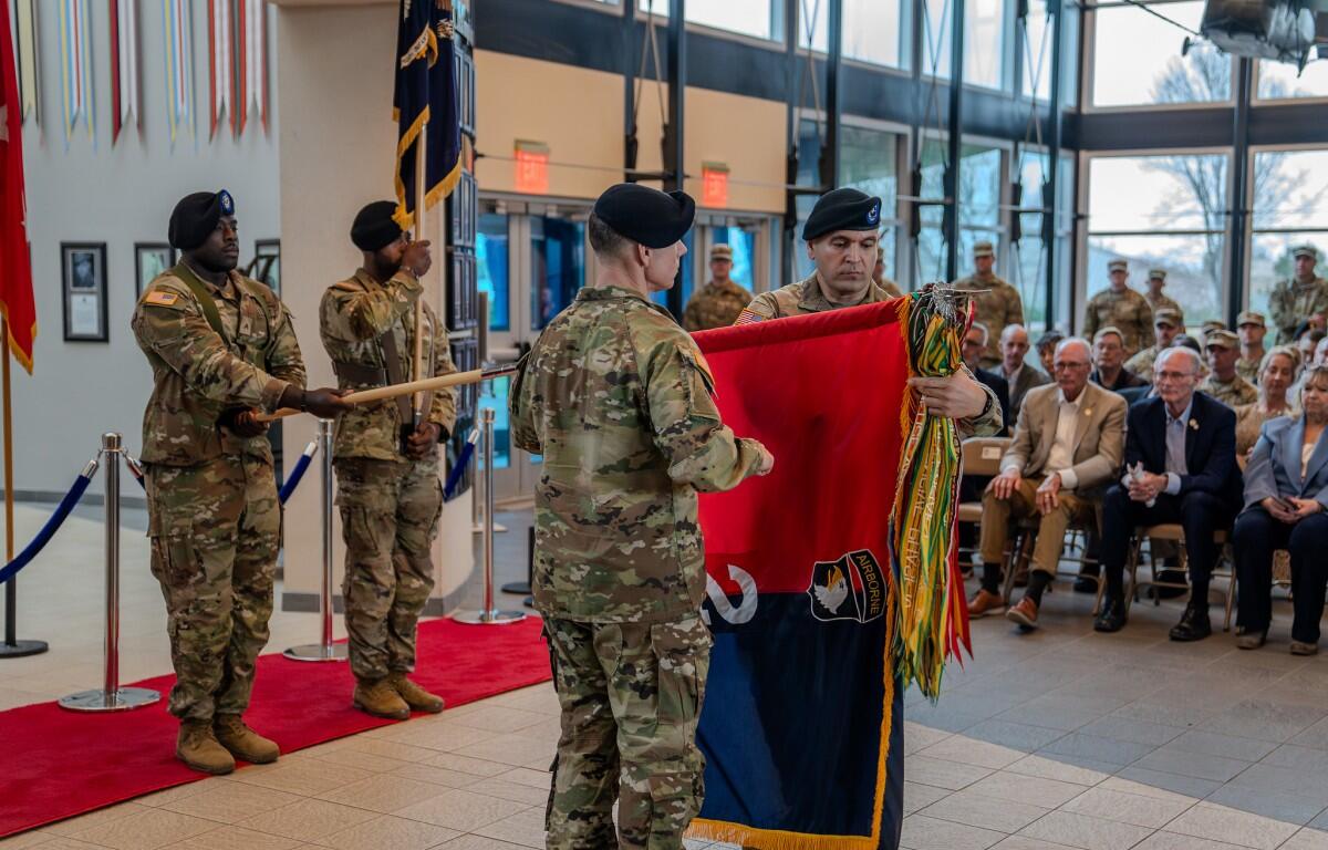 Col. Duke Reim and Command Sgt. Maj. Angelo Fazio, the command team for 2nd Mobile Brigade Combat Team (2MBCT), 101st Airborne Division, participate in a ceremony in preparation for rotation to the European theater, March 19, 2025, at Fort Campbell. (US Army photo)