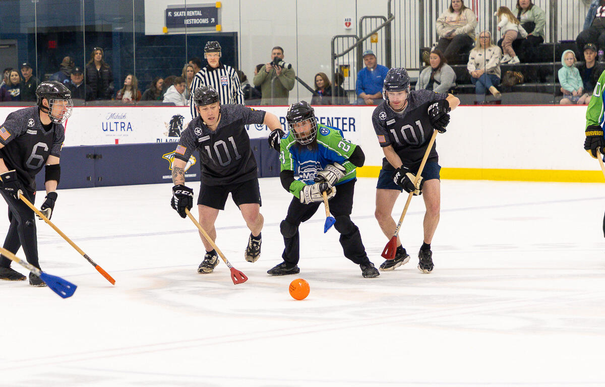 Teams face off in Mayor vs. General Broomball at the Ford Ice Center on March 27, 2025. (Wesley Irvin)