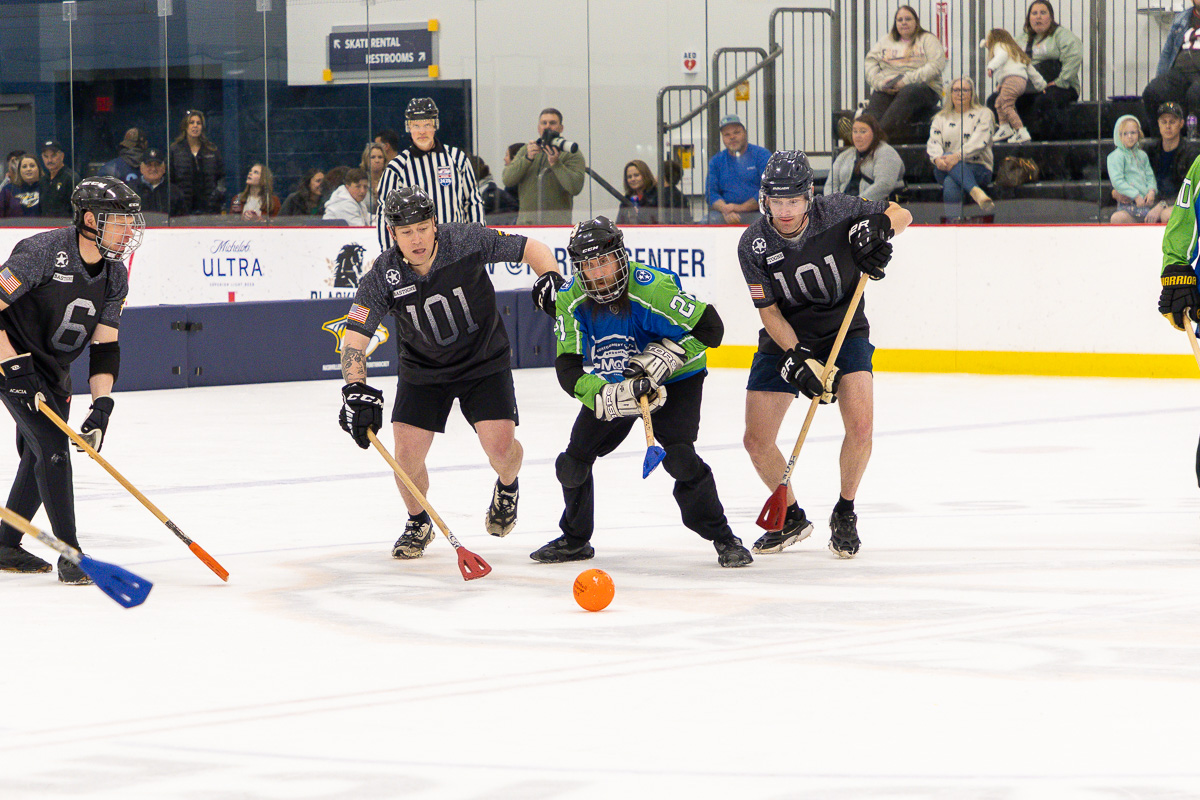 Teams face off in Mayor vs. General Broomball at the Ford Ice Center on March 27, 2025. (Wesley Irvin)