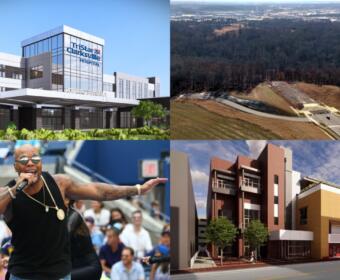 Clockwise from the top left, TriStar's plan for a Clarksville hospital, Spring Creek Parkway, plans for the Performing Arts Center, and Flo Rida.
