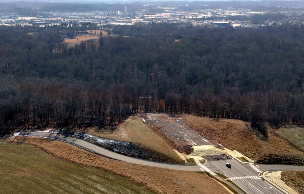 The current terminus of Spring Creek Parkway, looking past Spring Creek toward Wilma Rudolph Boulevard, as of May 2025. (Contributed by City of Clarksville)