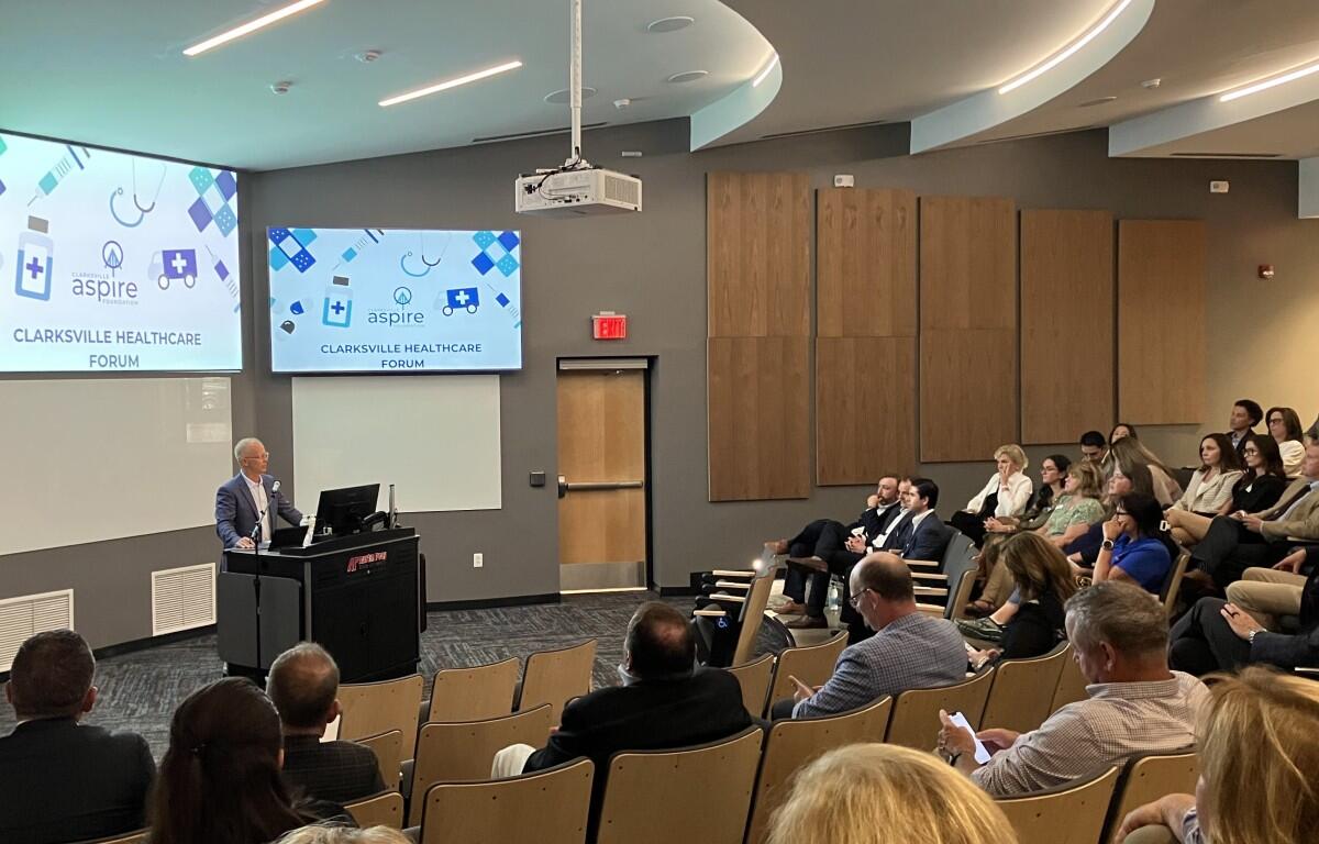 Clarksville-Montgomery County EDC CEO Buck Dellinger speaks at the Aspire Clarksville Healthcare Forum on June 17, 2025. (Chris Smith)