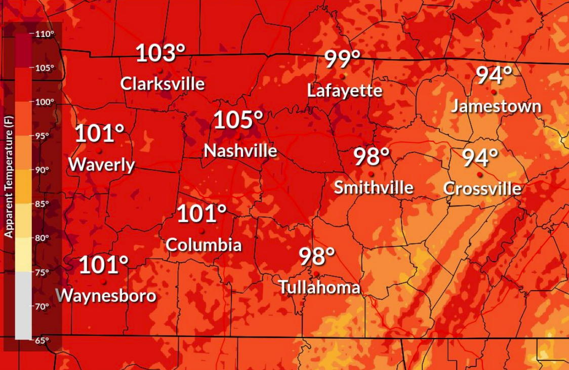 Heat index predicted for Sunday afternoon, June 22, 2025. (National Weather Service, contributed)