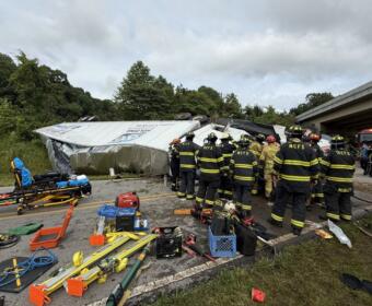 A tractor-trailer veered off of Interstate 24 and crashed down an embankment on June 6, 2025. (Chief Michael Rios, Montgomery County Fire Service)