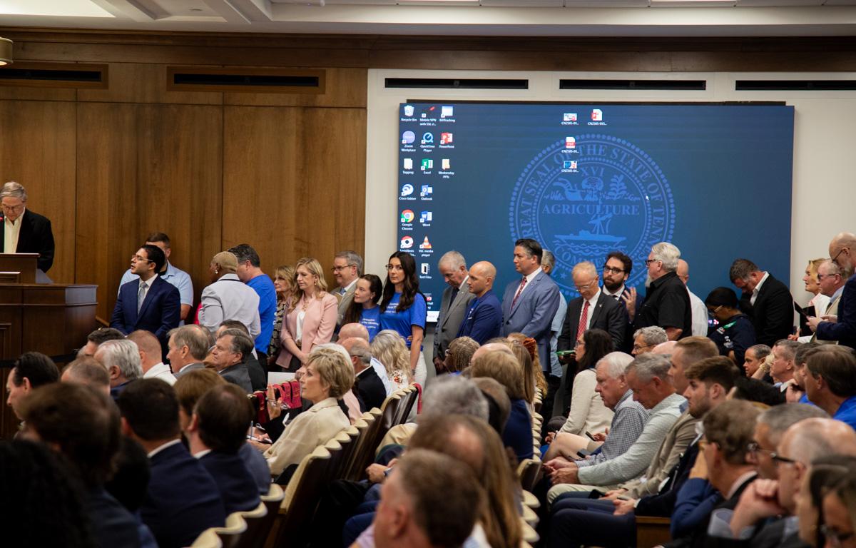 People line up along the wall to speak during public comments at the Clarksville CON hearings at the Tennessee Health Facilities Commission on July 23. 2025. (Jordan Renfro)