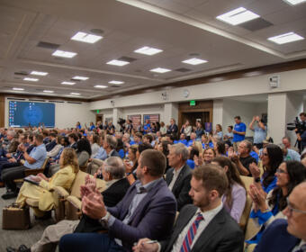 The crowd reacts to the vote during the Clarksville CON hearings at the Tennessee Health Facilities Commission on July 23. 2025. (Jordan Renfro)