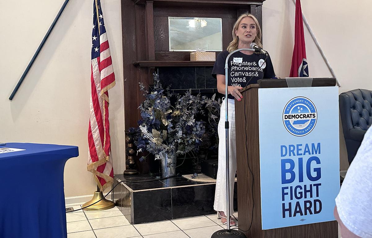 Astyn Behn speaking at the Blue South BBQ on July 19.