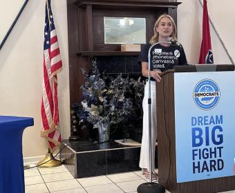 Astyn Behn speaking at the Blue South BBQ on July 19.