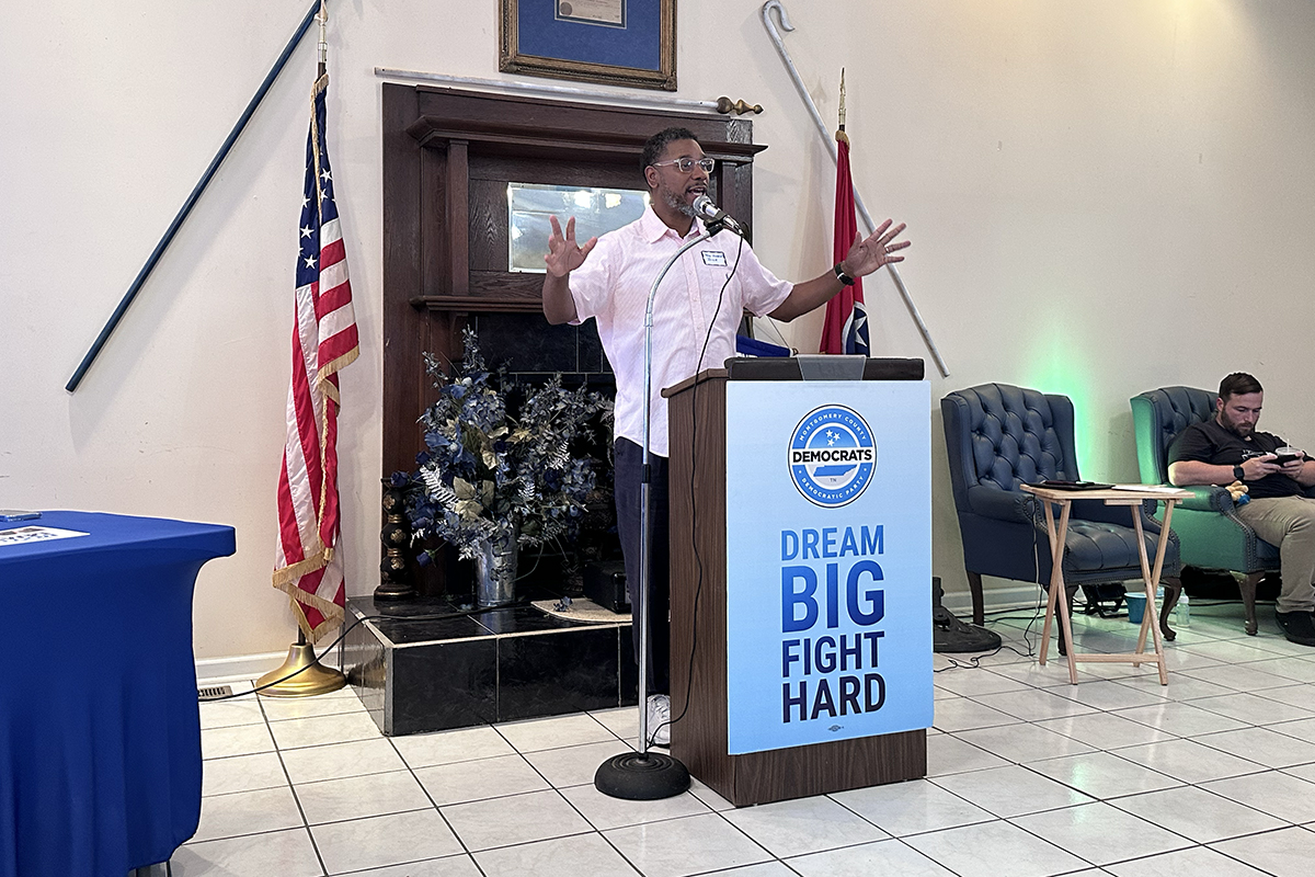 Vicent Dixie speaking at the Blue South BBQ on July 19.