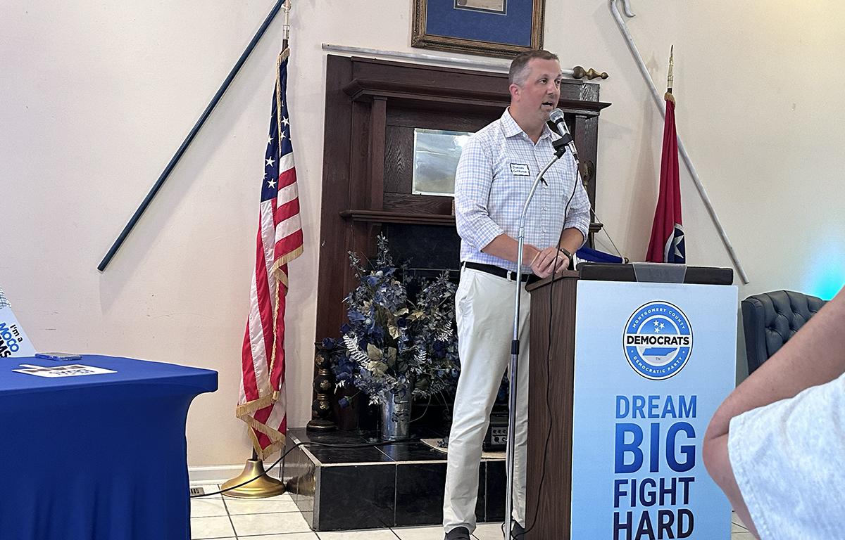 Darden Copeland speaking at the Blue South BBQ on July 19.