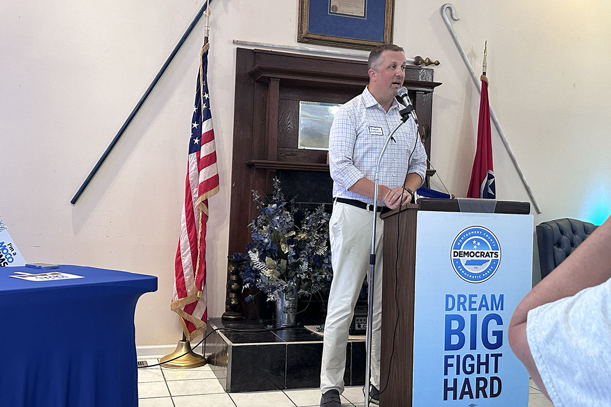 Darden Copeland speaking at the Blue South BBQ on July 19.