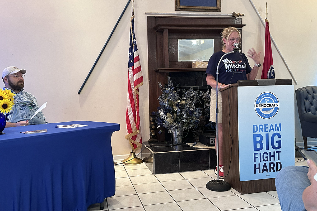 Chastity Mitchell speaking at the Blue South BBQ on July 19.