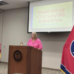 Deanna McLaughlin speaking to the Clarksville Kiwanis Club on July 22.