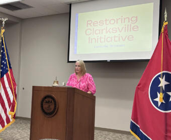 Deanna McLaughlin speaking to the Clarksville Kiwanis Club on July 22.