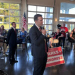 Stewart Parks speaking at the Red River Republican Women wine tasting on July 25.
