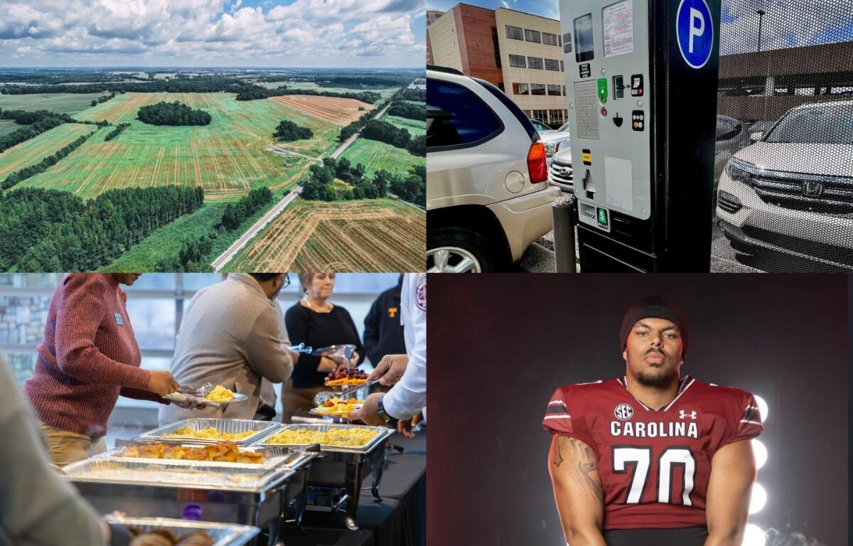 Clockwise from the top left, fairgrounds site on Arkadelphia Road, downtown parking, Kamari Blair, Choppin' Block.