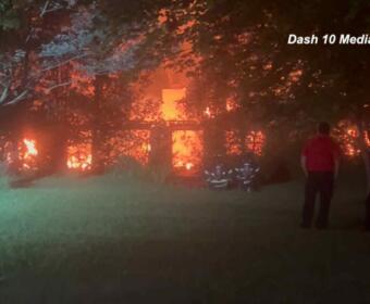 A house was destroyed in a fire on Ogburn Chapel Road in Woodlawn on July 4, 2025. (Dash 10 Media)