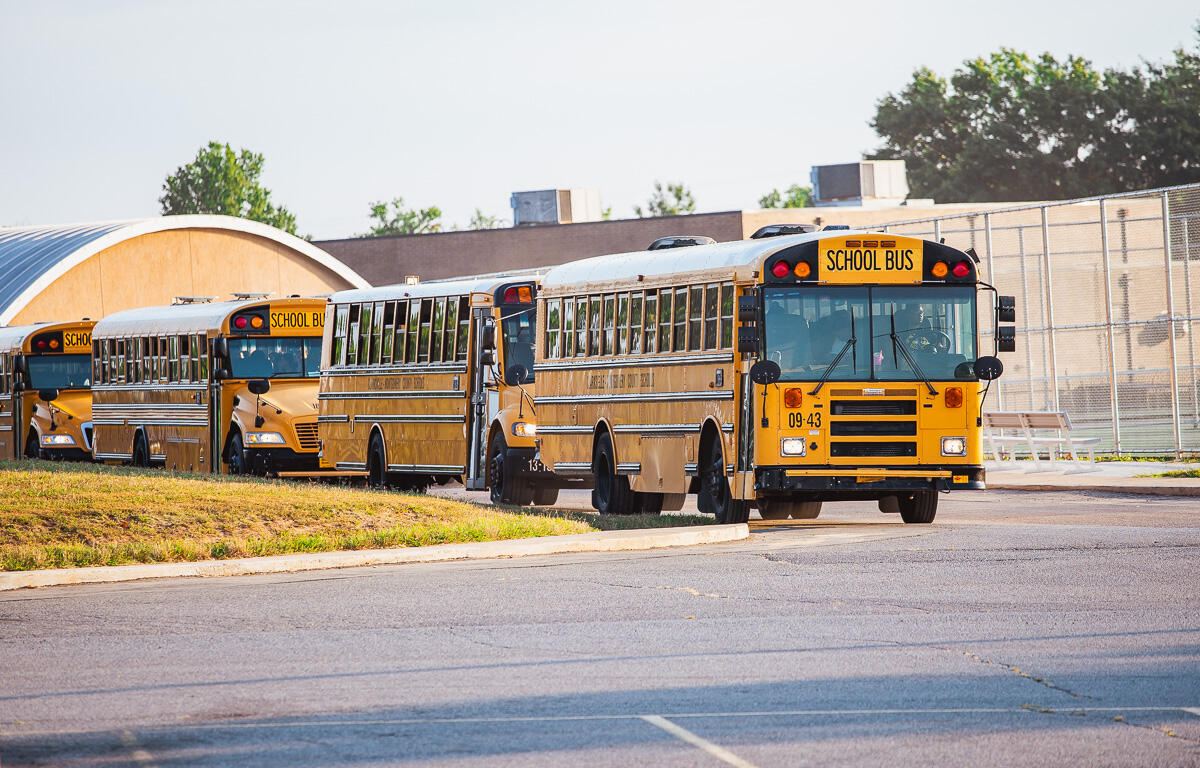 CMCSS school buses at the Clarksville High first day of school on Aug. 6, 2025. (Wesley Irvin)