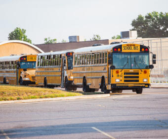 CMCSS school buses at the Clarksville High first day of school on Aug. 6, 2025. (Wesley Irvin)