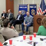 Congressional candidates, from the left, Gino Bulso, Jody Barrett, Lee Reeves and Matt Van Epps, with moderator Buck Dellinger, at the Clarksville Kiwanis Club meeting on Aug. 19, 2025. (Chris Smith)