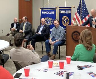 Congressional candidates, from the left, Gino Bulso, Jody Barrett, Lee Reeves and Matt Van Epps, with moderator Buck Dellinger, at the Clarksville Kiwanis Club meeting on Aug. 19, 2025. (Chris Smith)
