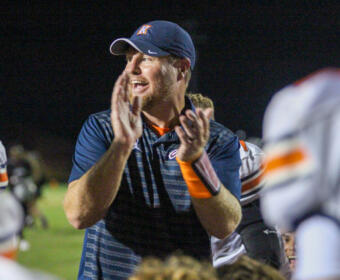 Coach Chad Watson as Kirkwood Football defeats West Creek on August 22, 2025 (Knox Rives)