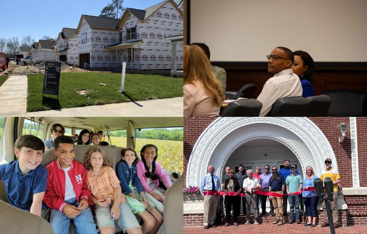 Clockwise from the top left, housing in Clarksville, Timothy Williams, old City Hall arch, Jaxen Kenner with the cast of Sketch.