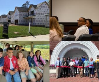 Clockwise from the top left, housing in Clarksville, Timothy Williams, old City Hall arch, Jaxen Kenner with the cast of Sketch.