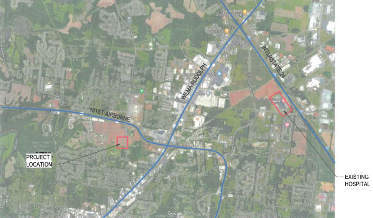 The Trenton Road location, with an existing Certificate of Need approval, for Tennova's satellite ER, and, at right, the location of the main Tennova-Healthcare Clarksville hospital. (Tennova, contributed)