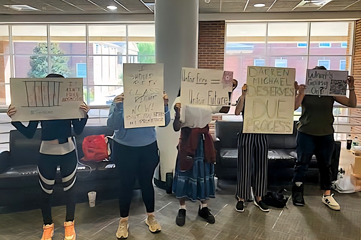 About 20 students protest the firing of Darren Michael at Austin Peay State University in September 2025. (Contributed)