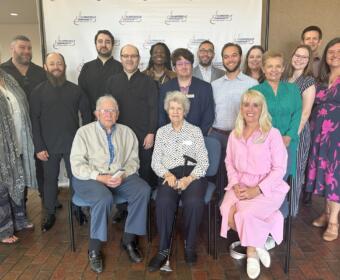 The Clarksville Community Concert Association Board of Directors with the Amernet String Quartet taken on Sept. 10, 2023. Front row, seated, left to right: Dr. Solie Fott; Anne Glass, Pam Hoon. Back row, standing, Debbie Wilson; members of the Amernet String Quartet Michael Klotz, Jason Calloway, Avi Nagin, Michael (Misha) Vitenson; and Karyl Kirkland, Christopher Powell, Ben Torres, Ben Hickson, Marian Towe, Ann Silverberg, Heather Gauthier, Razvan Berindean and Cody Richardson. (Contributed)