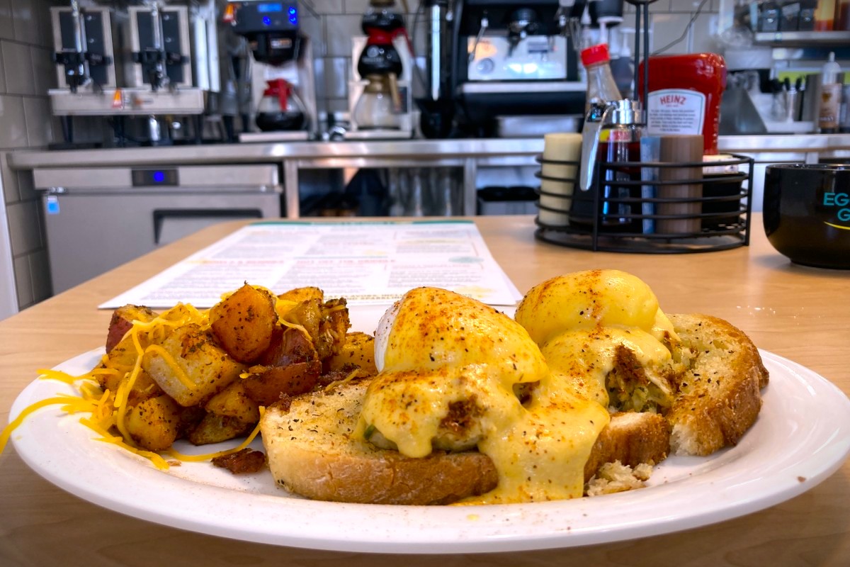 Coastal Crab Cake Benny on the menu of Eggs Up Grill at 970 Tiny Town Road Suite A-B in Clarksville. Sept. 19, 2025. (Christian Brown)