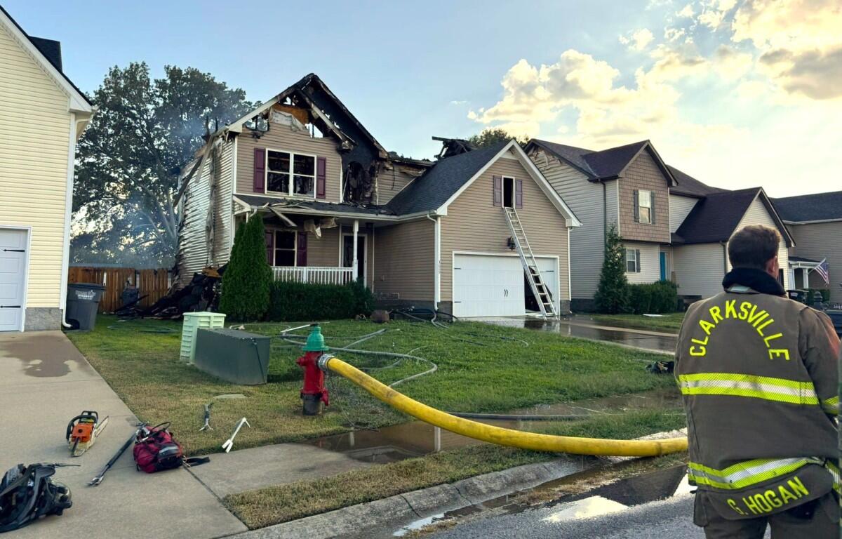 A house fire on Fox Tail Drive that also damaged houses on both sides on Sept. 29, 2025. (Clarksville Fire Rescue, contributed)